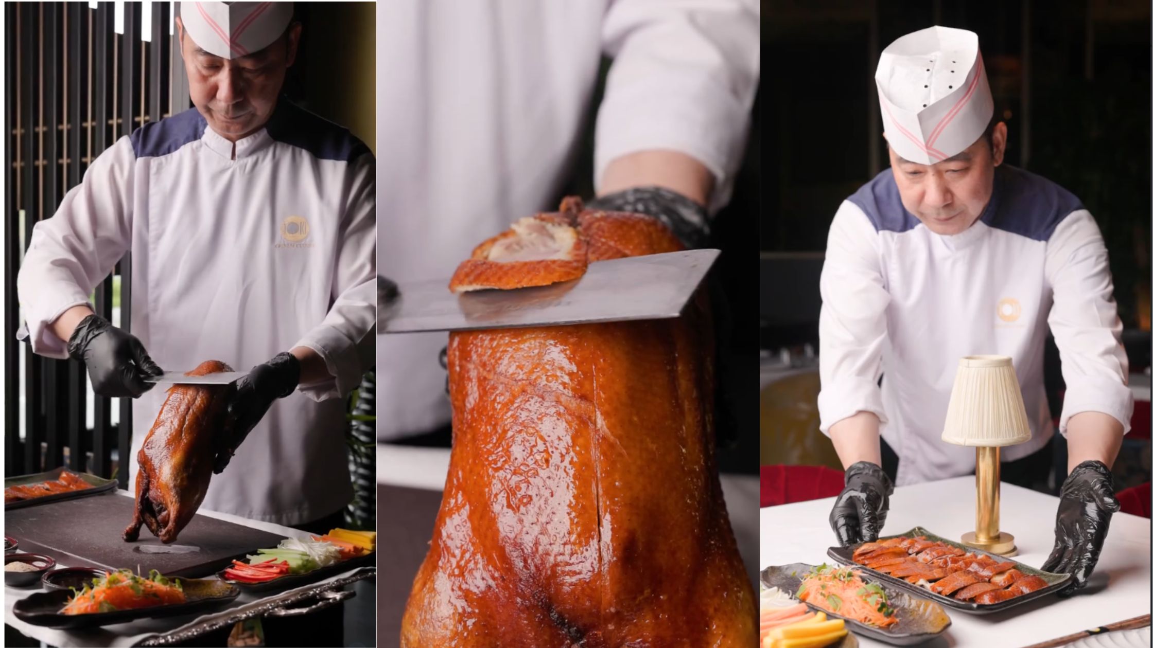 Close-up of authentically prepared, crispy Peking Duck served with steamed pancakes at Toki Chinese restaurant in Jeddah.